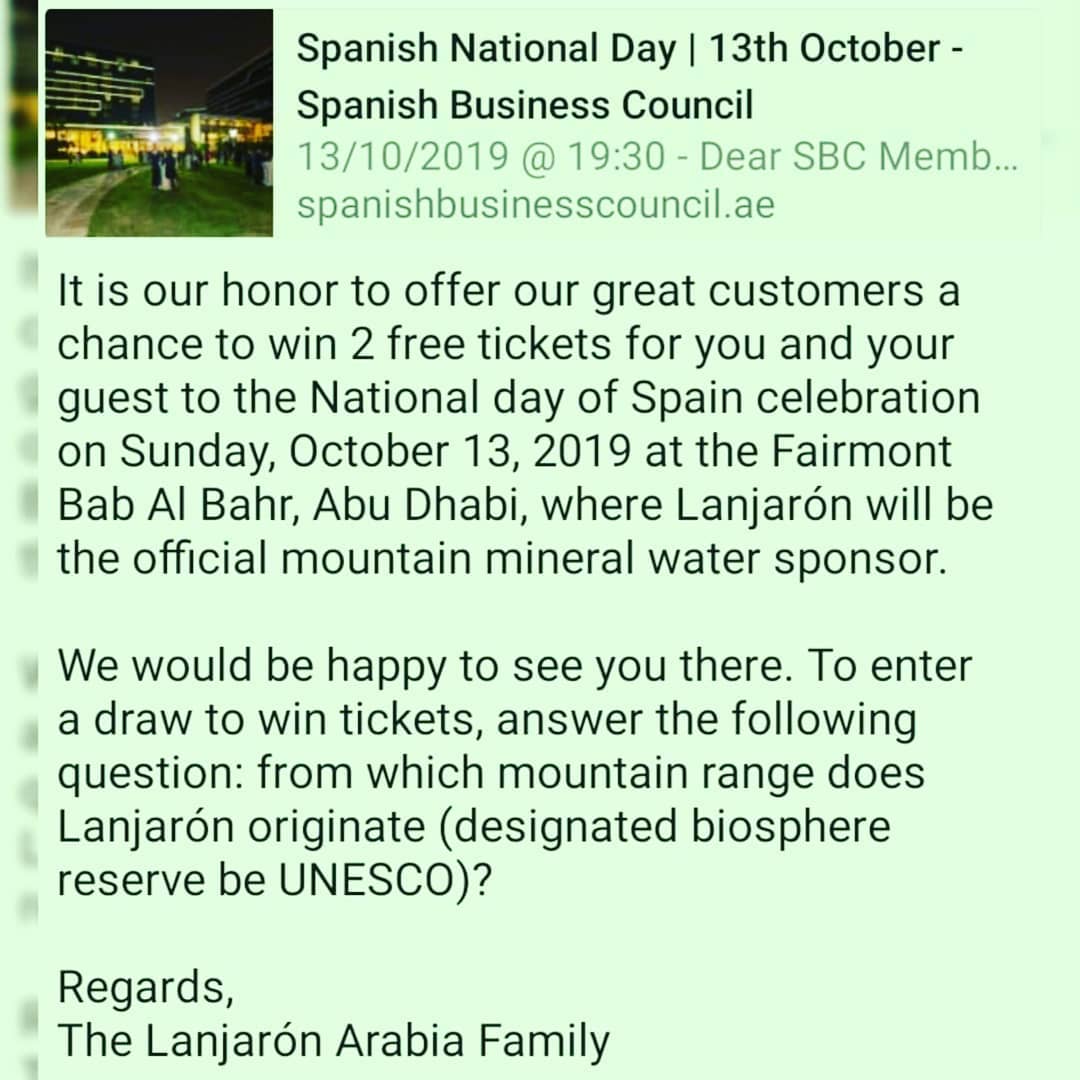 National day of Spain celebration will be on Sunday, October 13, 2019 at the Fairmont Bab Al Bahr, Abu Dhabi, where Lanjarón will be the official mountain mineral water sponsor @fairmontbabalbahr @spaniahbusinesscouncil
